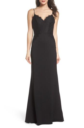 Women's Hayley Paige Occasions Lace & Crepe Trumpet Gown - Burgundy
