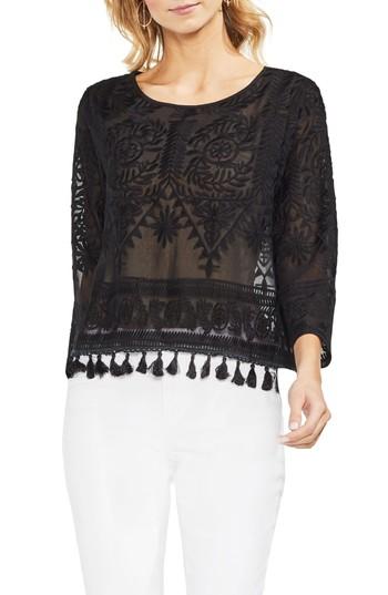 Women's Vince Camuto Tassel Hem Embroidered Blouse, Size - Black