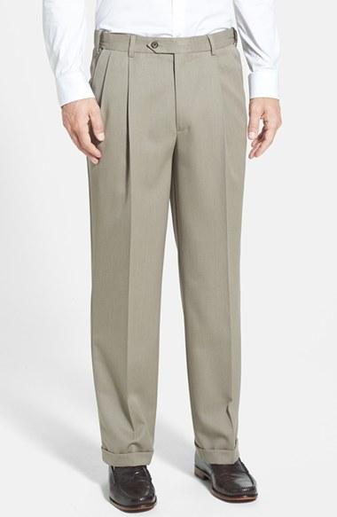 Men's Berle Self Sizer Waist Pleated Wool Gabardine Trousers X 34 - Beige