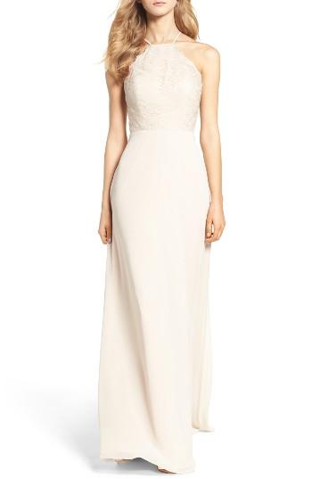 Women's Hayley Paige Occasions Lace Halter Gown - Beige