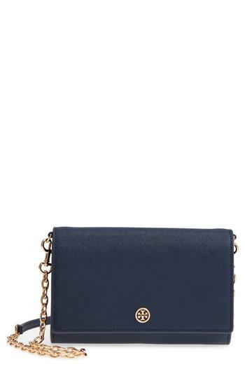Women's Tory Burch Robinson Leather Wallet On A Chain - Blue