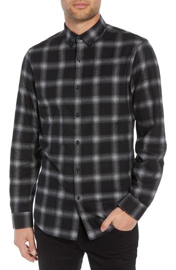Men's Calibrate Slim Fit Mini Collar Plaid Flannel Sport Shirt - Grey