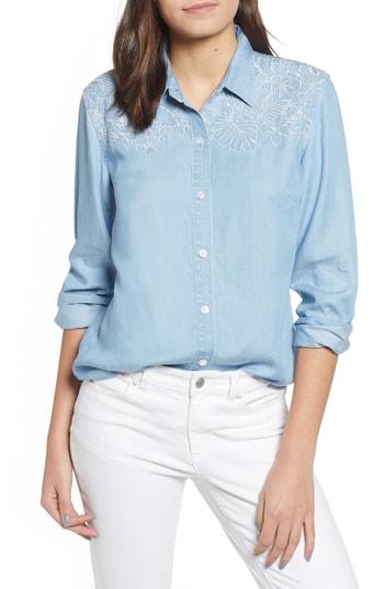 Women's Tommy Bahama Hibiscus Chambray Embroidered Shirt - Blue