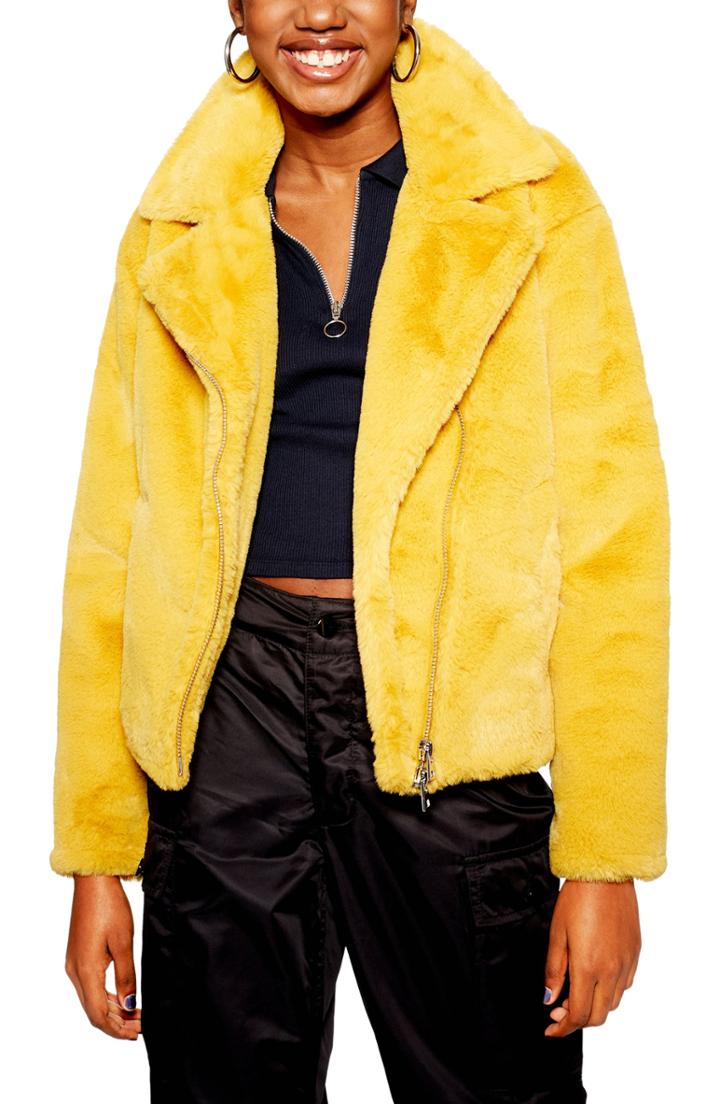 Women's Topshop Lily Faux Fur Biker Jacket Us (fits Like 0) - Yellow