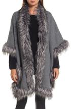Women's Love Token Knit Poncho With Faux Fur Trim, Size - Grey