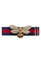 Women's Gucci Embellished Bee Clasp Web Stripe Belt - 8479 Blue Red Blue
