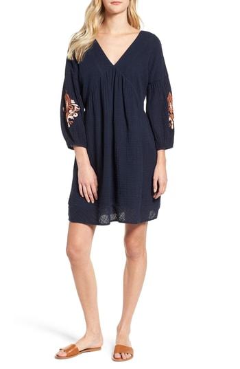 Women's Caslon Embroidered Puff Sleeve Dress - Blue