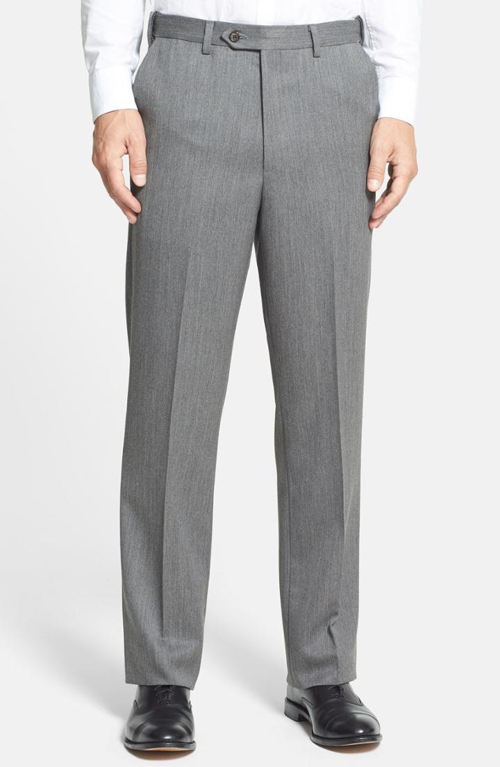 Men's Berle Self Sizer Waist Flat Front Wool Gabardine Trousers X 34 - Grey