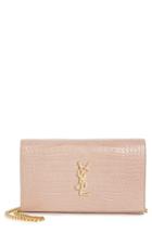 Women's Saint Laurent Large Monogram Croc Embossed Leather Wallet On A Chain - Pink