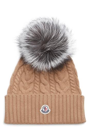 Women's Moncler Cable Knit Beanie With Genuine Fox Fur Pom - Beige