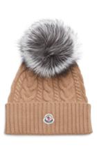 Women's Moncler Cable Knit Beanie With Genuine Fox Fur Pom - Beige
