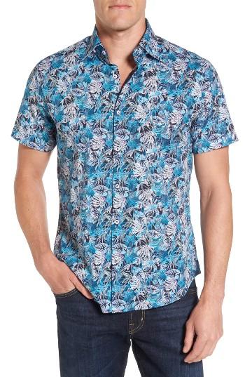 Men's Stone Rose Floral Print Sport Shirt - Blue/green