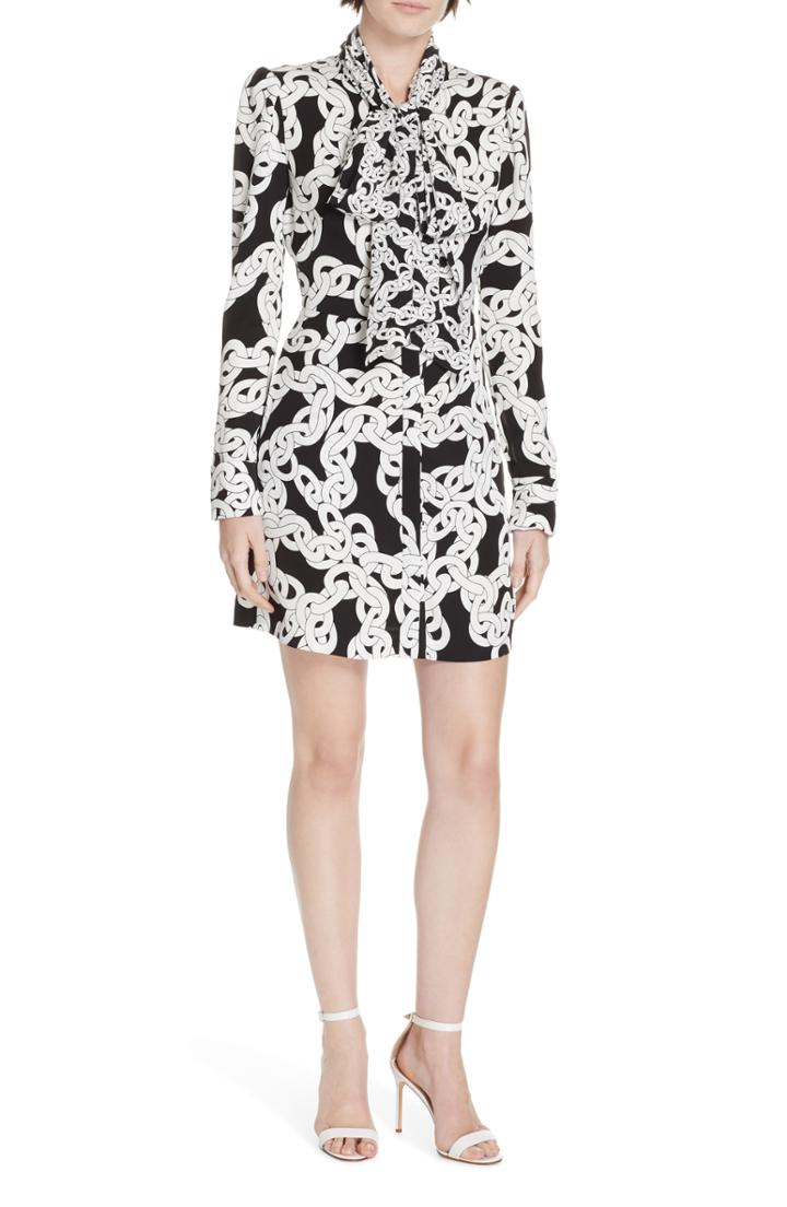 Women's Dvf Franca Chain Print Tie Neck Dress - Black