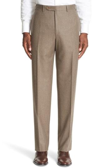 Men's Canali Flat Front Solid Wool Trousers R Eu - Beige