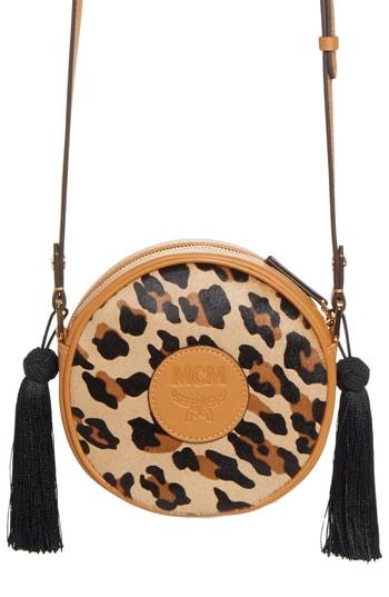 Mcm Small Leopard Tambourine Calf Hair Crossbody Bag - Brown