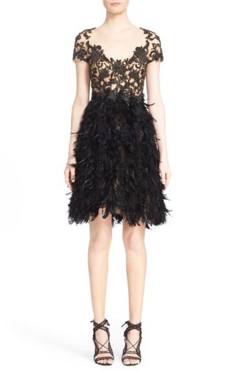 Women's Marchesa Embroidered Illusion & Feather Cocktail Dress - Black