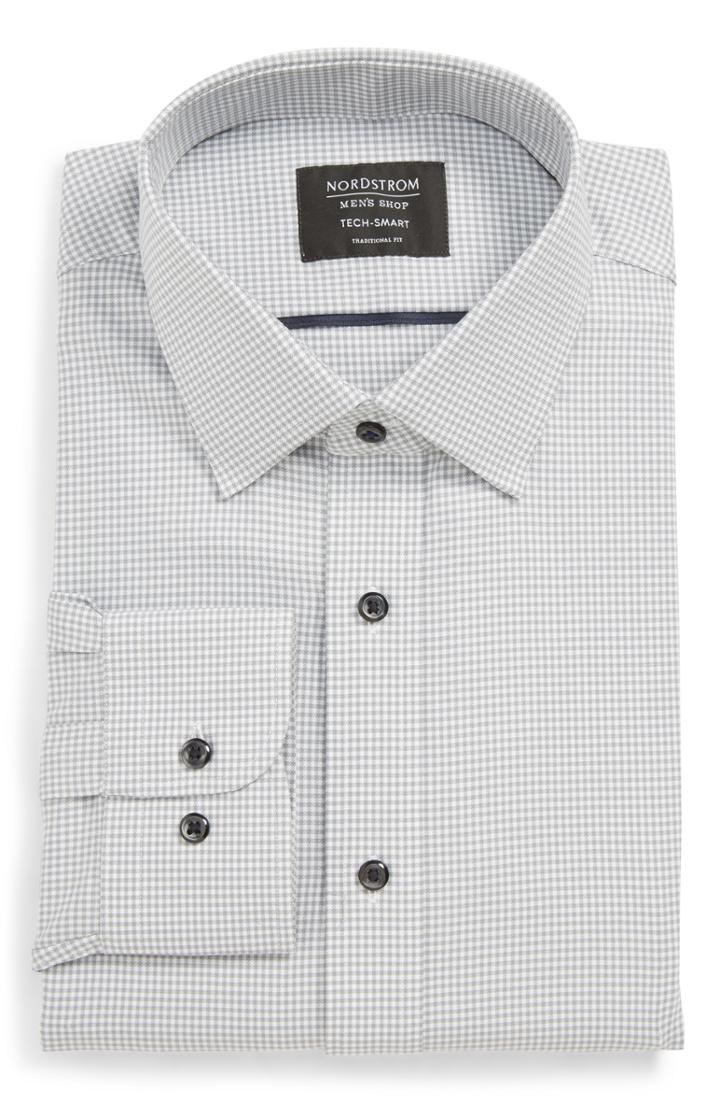 Men's Nordstrom Men's Shop Tech-smart Traditional Fit Stretch Check Dress Shirt - 32/33 - Grey