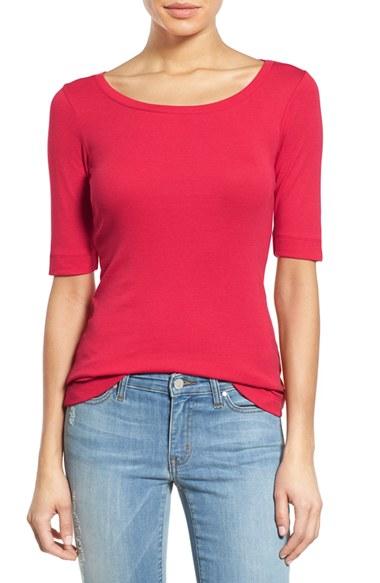 Petite Women's Caslon Ballet Neck Cotton & Modal Knit Elbow Sleeve Tee P - Red
