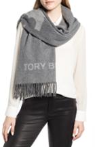 Women's Tory Burch Logo Fringe Wool Scarf, Size - Grey