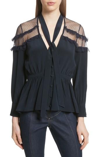 Women's Cinq A Sept Peyton Tie Neck Silk Blouse - Blue