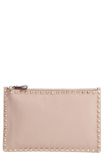 Valentino Rockstud Large Leather Pouch - Beige