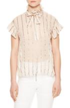 Women's Sandro Metallic Stripe Bow Silk Blend Blouse - Pink