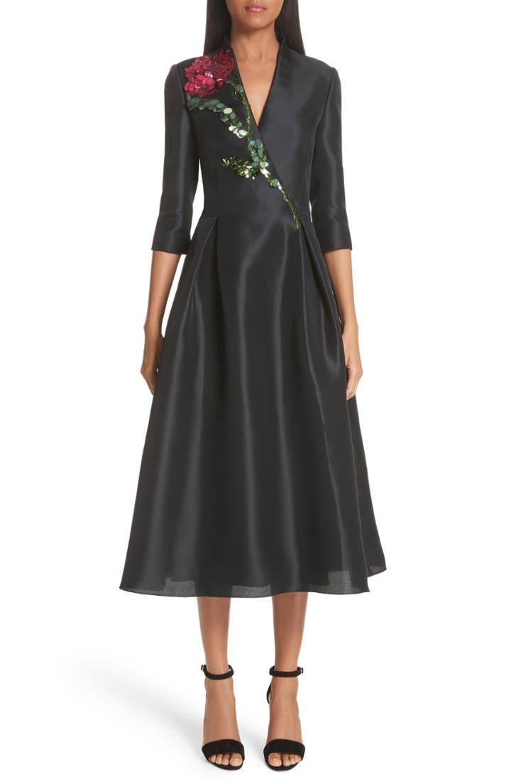 Women's Carolina Herrera Sequin Flower Silk A-line Dress