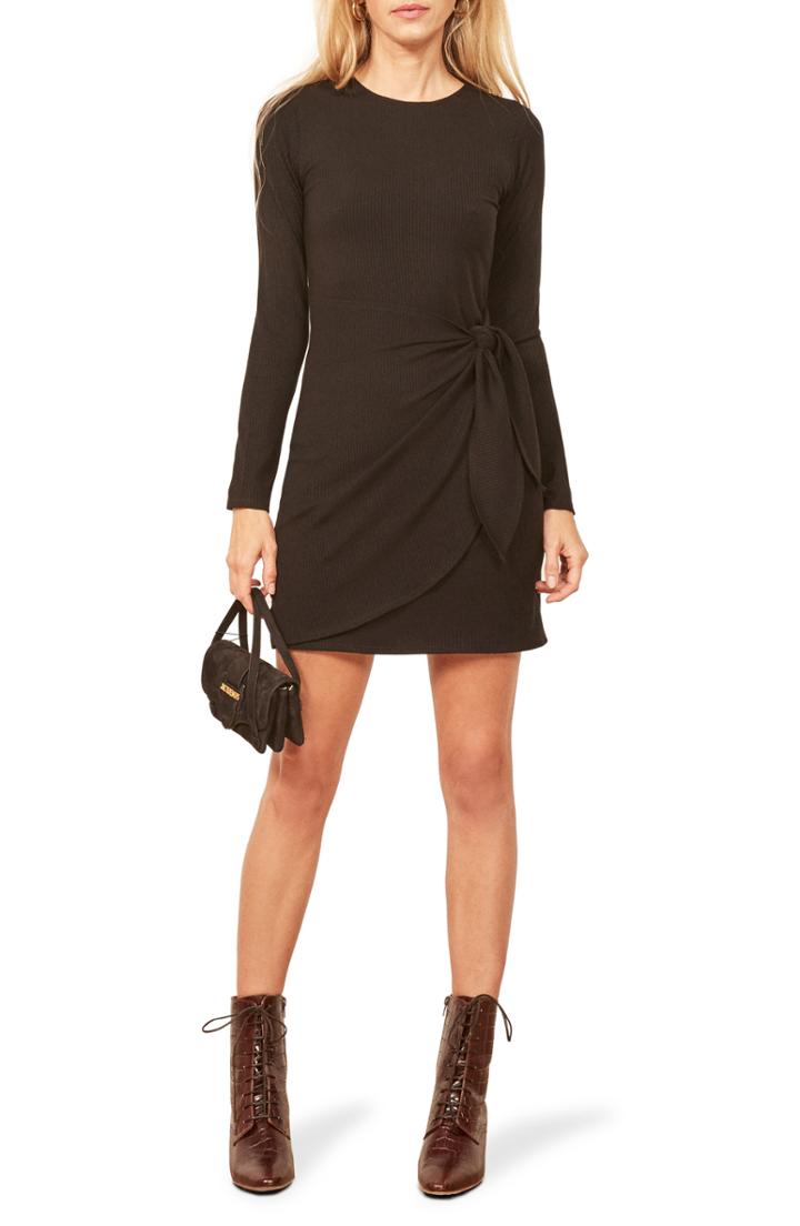 Women's Reformation Calli Side Tie Ribbed Minidress - Black