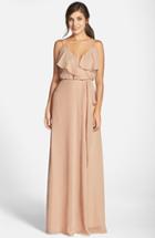 Women's Nouvelle Amsale 'drew' Ruffle Front Chiffon Gown, Size - Beige