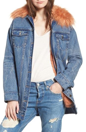 Women's Avec Les Filles Denim & Faux Fur Trucker Jacket, Size - Blue