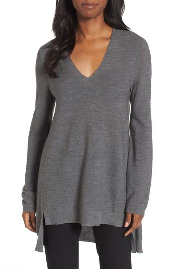 Petite Women's Eileen Fisher High/low Merino Wool Sweater, Size P - Grey