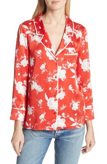 Women's Alice + Olivia Keir Floral Silk Pajama Shirt - Red
