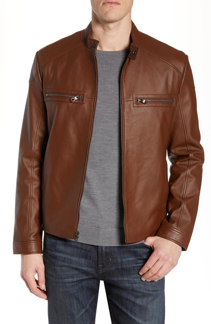 Men's Andrew Marc Wendell Lambskin Moto Jacket - Brown