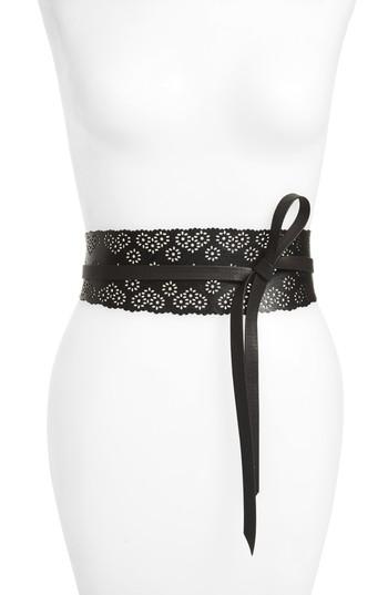 Women's Accessory Collective Floral Perforated Tie Wrap Belt - Black