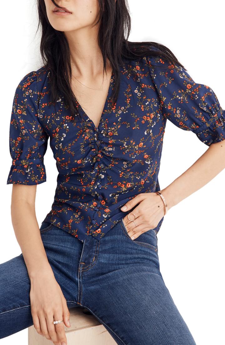 Women's Madewell Silk Stanza Ruffle Hem Blouse, Size - Blue