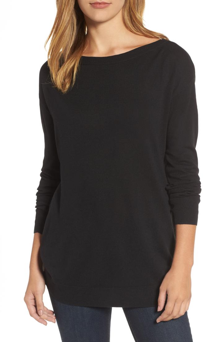 Petite Women's Halogen Boatneck Tunic Sweater, Size P - Black