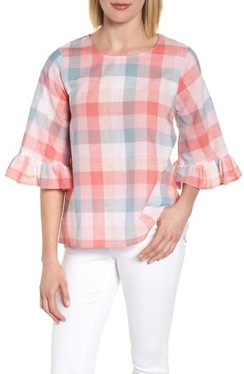 Women's Bobeau Pastel Plaid Ruffle Sleeve Cotton Top - Pink