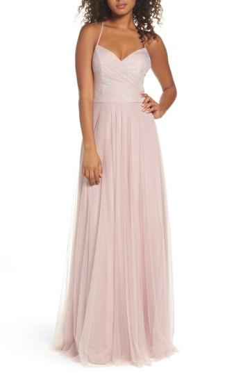 Women's Hayley Paige Occasions Embellished Bodice Net Halter Gown - Pink