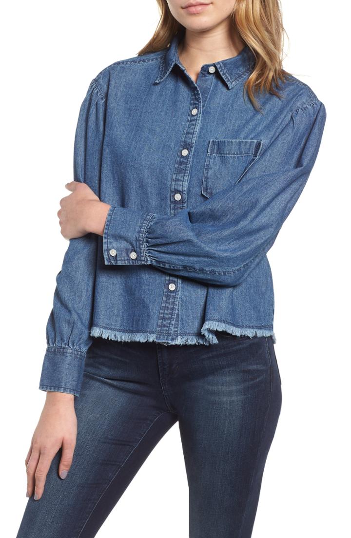 Women's Bp. Balloon Sleeve Chambray Shirt, Size - Blue