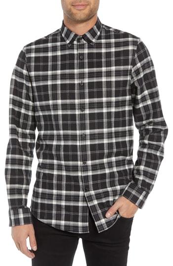 Men's Calibrate Slim Fit Mini Collar Plaid Flannel Sport Shirt - Black