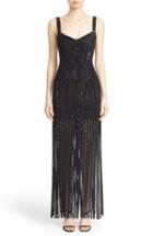 Women's Herve Leger 'vitoria' Fringe Trim Hand Beaded Bandage Gown - Black