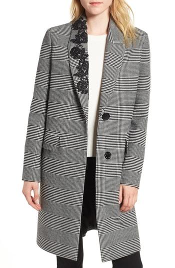Women's Kensie Glen Plaid Lace Trim Coat - Black