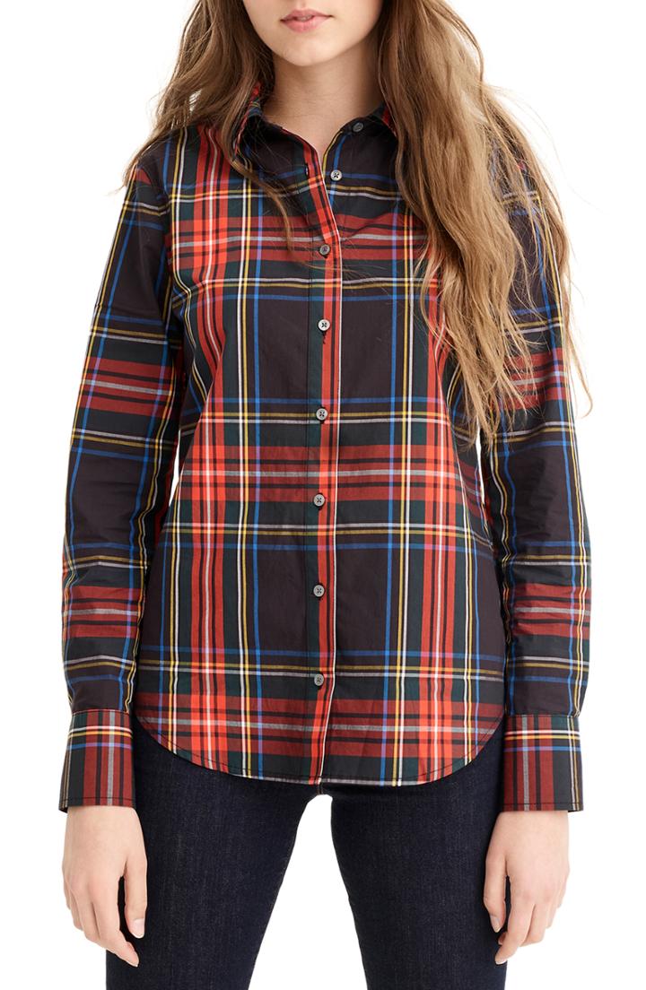 Women's J.crew Stewart Tartan Perfect Slim Stretch Shirt - Red