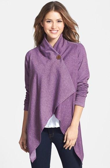 Women's Bobeau One-button Fleece Wrap Cardigan - Purple
