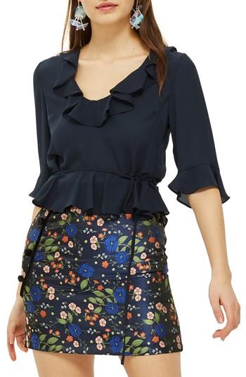 Women's Topshop Pheobe Tie Waist Ruffle Blouse Us (fits Like 0) - Blue