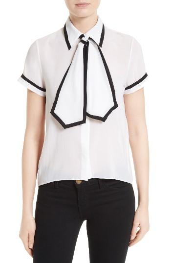 Women's Alice + Olivia Oswald Contrast Trim Silk Necktie Blouse