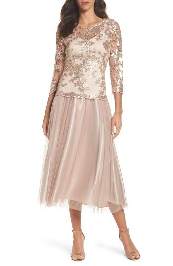 Women's Alex Evenings Embroidered Bodice Tea-length Dress - Beige