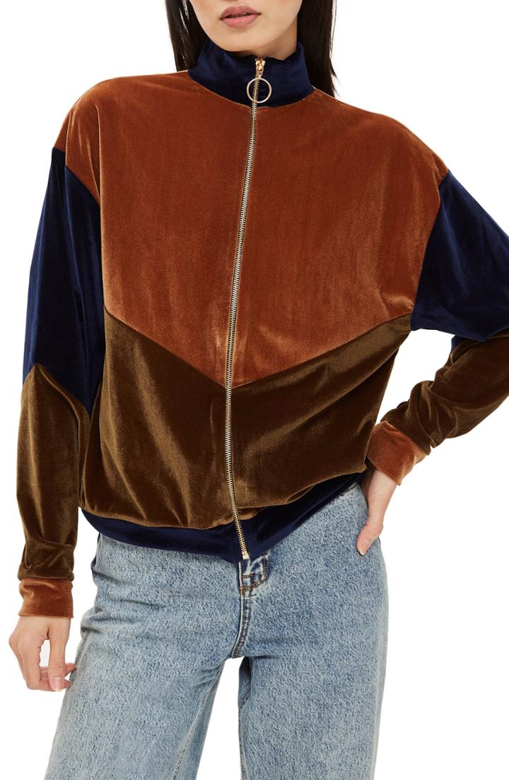 Women's Topshop Velour Panel Zip Sweatshirt