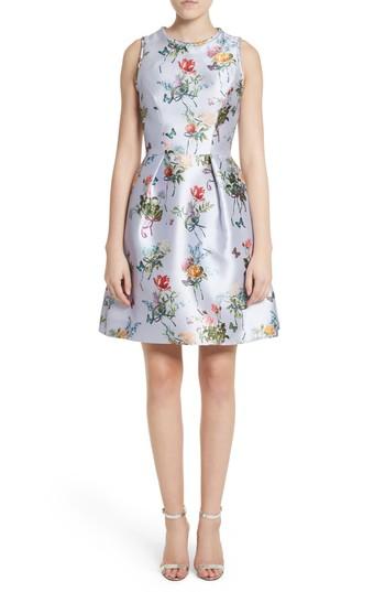 Women's Monique Lhuillier Botantical Print Structured Twill Dress - Purple