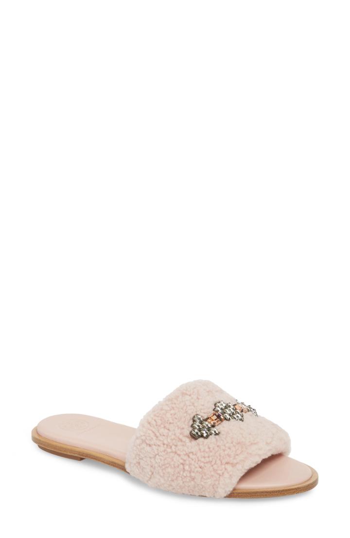 Women's Tory Burch Embellished Genuine Shearling Slide Sandal .5 M - Pink